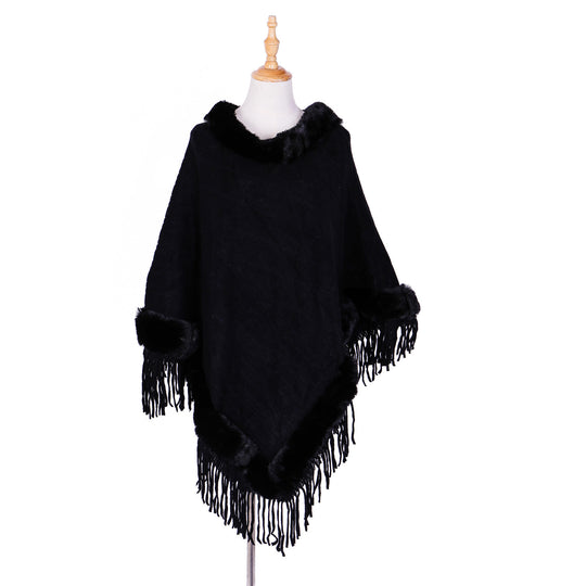 Damen Wolloptik-Ruana mit Kunstfellkragen, Fransensaum und Oversize-Fall Shop Nory