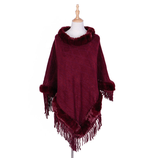 Damen Wolloptik-Ruana mit Kunstfellkragen, Fransensaum und Oversize-Fall Shop Nory
