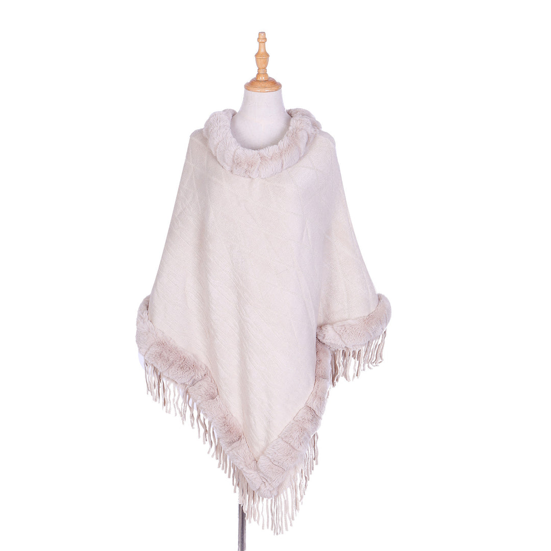 Damen Wolloptik-Ruana mit Kunstfellkragen, Fransensaum und Oversize-Fall Shop Nory