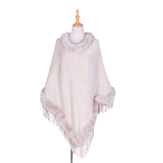 Damen Wolloptik-Ruana mit Kunstfellkragen, Fransensaum und Oversize-Fall Shop Nory
