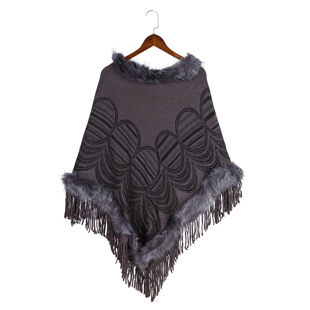 Damen Fransen‑Poncho mit Kunstfellbesatz und Jacquard‑Ruana Shop Nory
