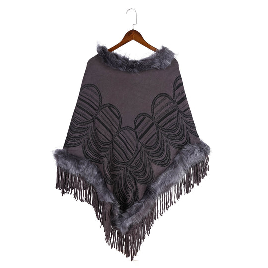 Damen Fransen‑Poncho mit Kunstfellbesatz und Jacquard‑Ruana Shop Nory