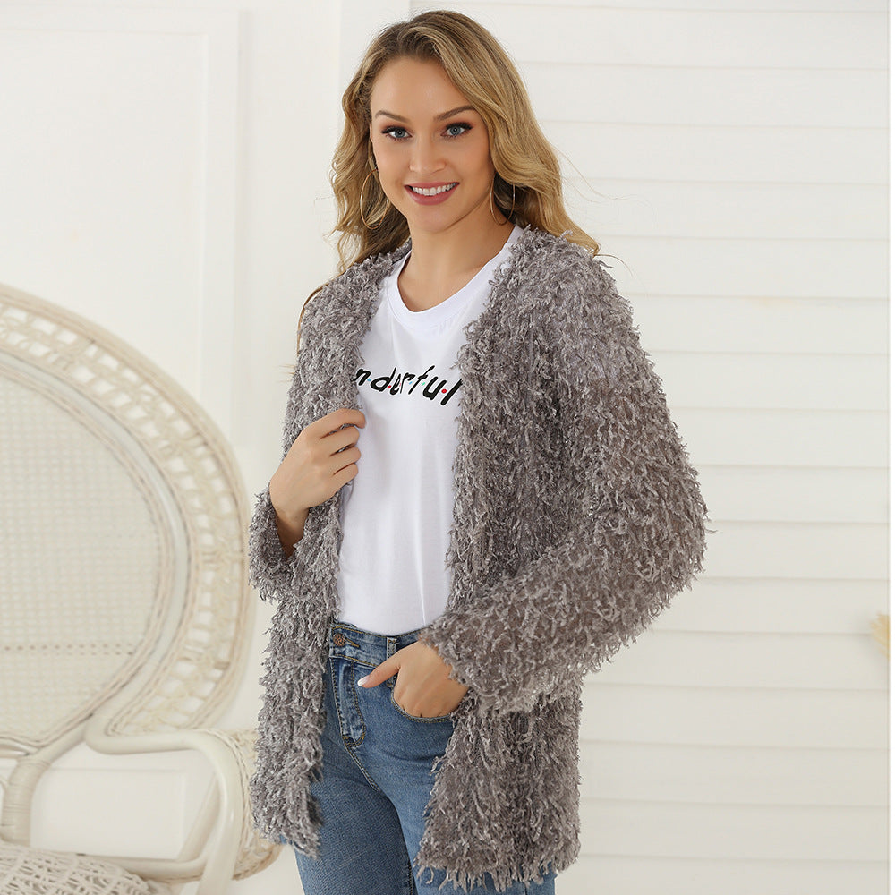 Damen Flauschiger Shaggy-Cardigan mit offener Front & lockerer Passform Shop Nory
