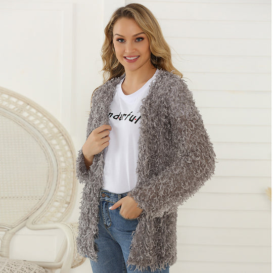 Damen Flauschiger Shaggy-Cardigan mit offener Front & lockerer Passform Shop Nory
