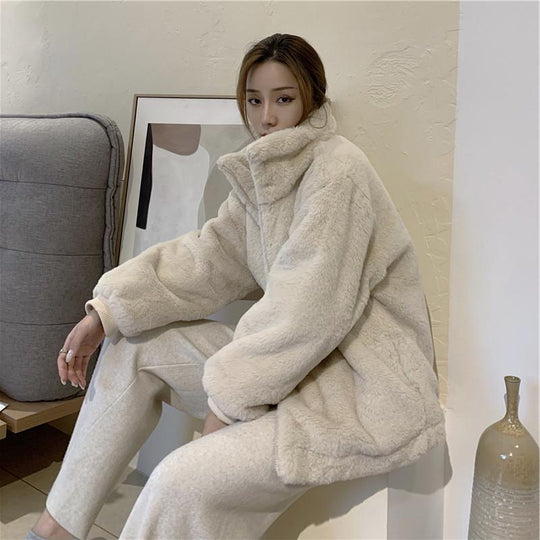 Damen-Plüschjacke mit Stehkragen, gefüttert