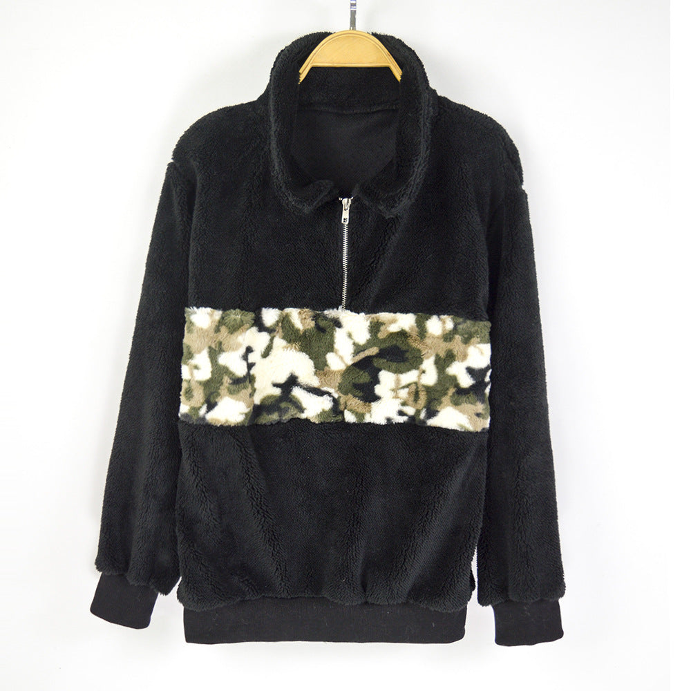 Damen Teddy-Fleece-Pullover mit kurzem Reißverschluss & Camouflage-Bund Shop Nory