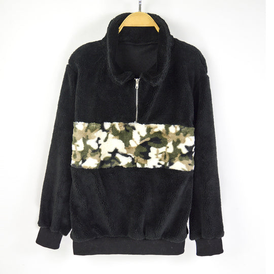 Damen Teddy-Fleece-Pullover mit kurzem Reißverschluss & Camouflage-Bund Shop Nory