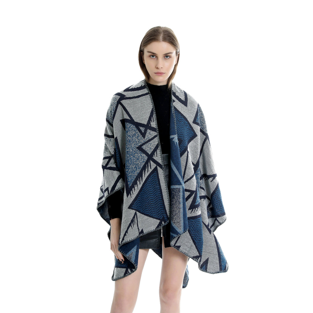 Damen Geometrischer Jacquard-Ruana-Überwurf mit offenem Fall und Zierkante Shop Nory