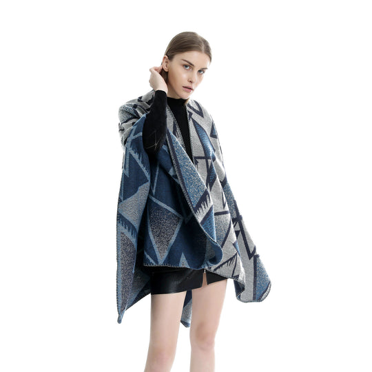 Damen Geometrischer Jacquard-Ruana-Überwurf mit offenem Fall und Zierkante Shop Nory
