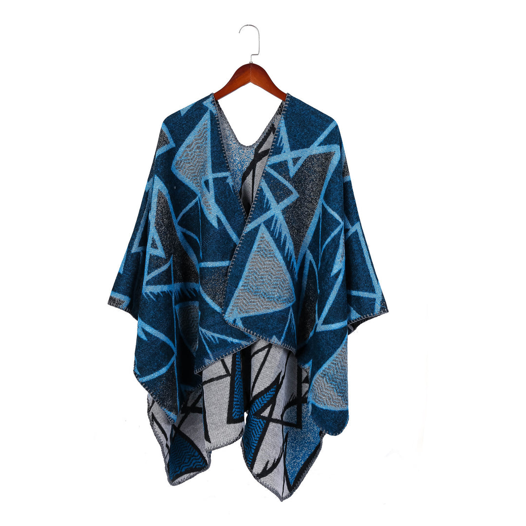 Damen Geometrischer Jacquard-Ruana-Überwurf mit offenem Fall und Zierkante Shop Nory