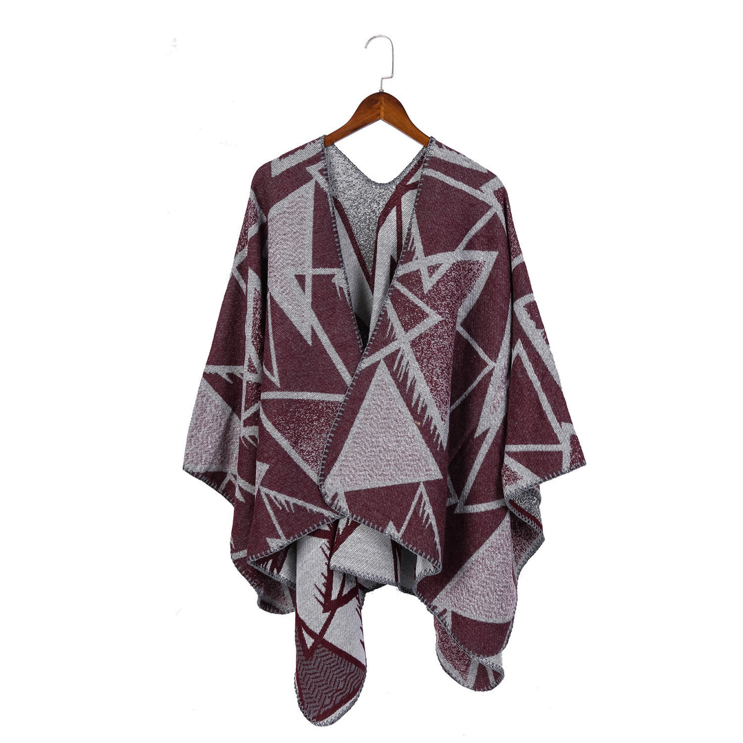 Damen Geometrischer Jacquard-Ruana-Überwurf mit offenem Fall und Zierkante Shop Nory