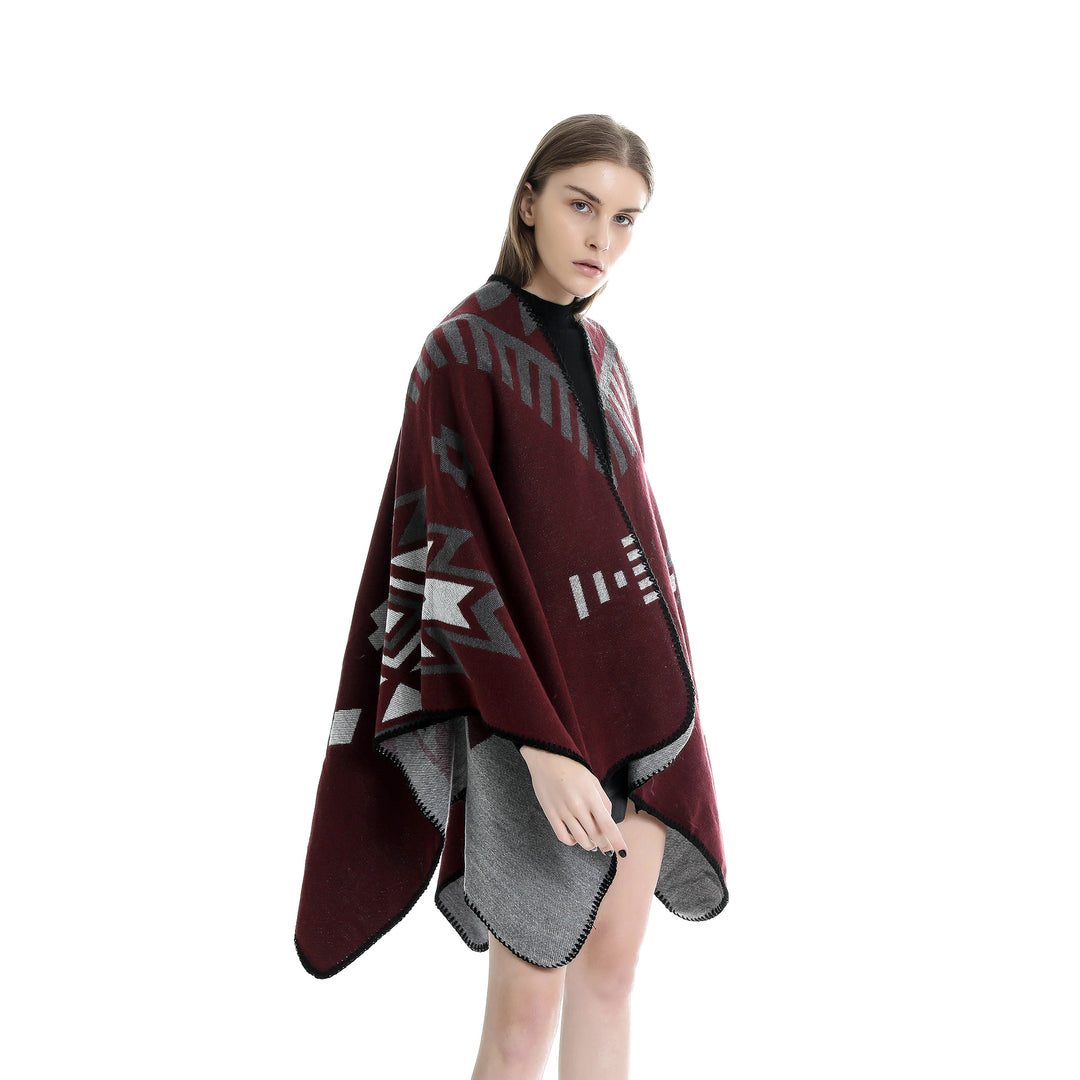 Damen Jacquard-Ruana-Umhang mit geometrischem Muster und Wendefinish Shop Nory