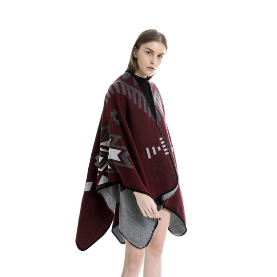 Damen Jacquard-Ruana-Umhang mit geometrischem Muster und Wendefinish Shop Nory