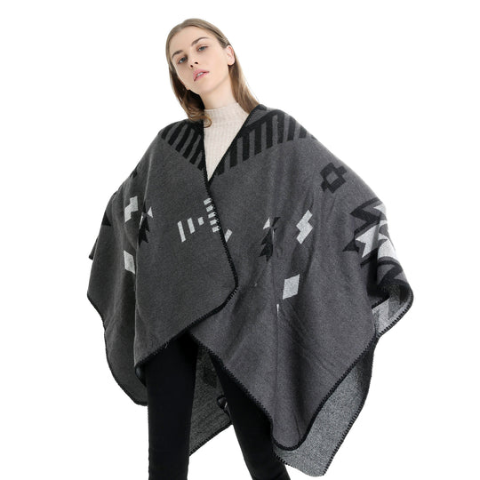 Damen Jacquard-Ruana-Umhang mit geometrischem Muster und Wendefinish Shop Nory