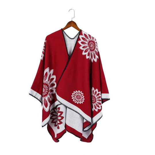 Damen Wollmix‑Ruana mit floraler Intarsienjacquard und offener Kimono‑Silhouette Shop Nory