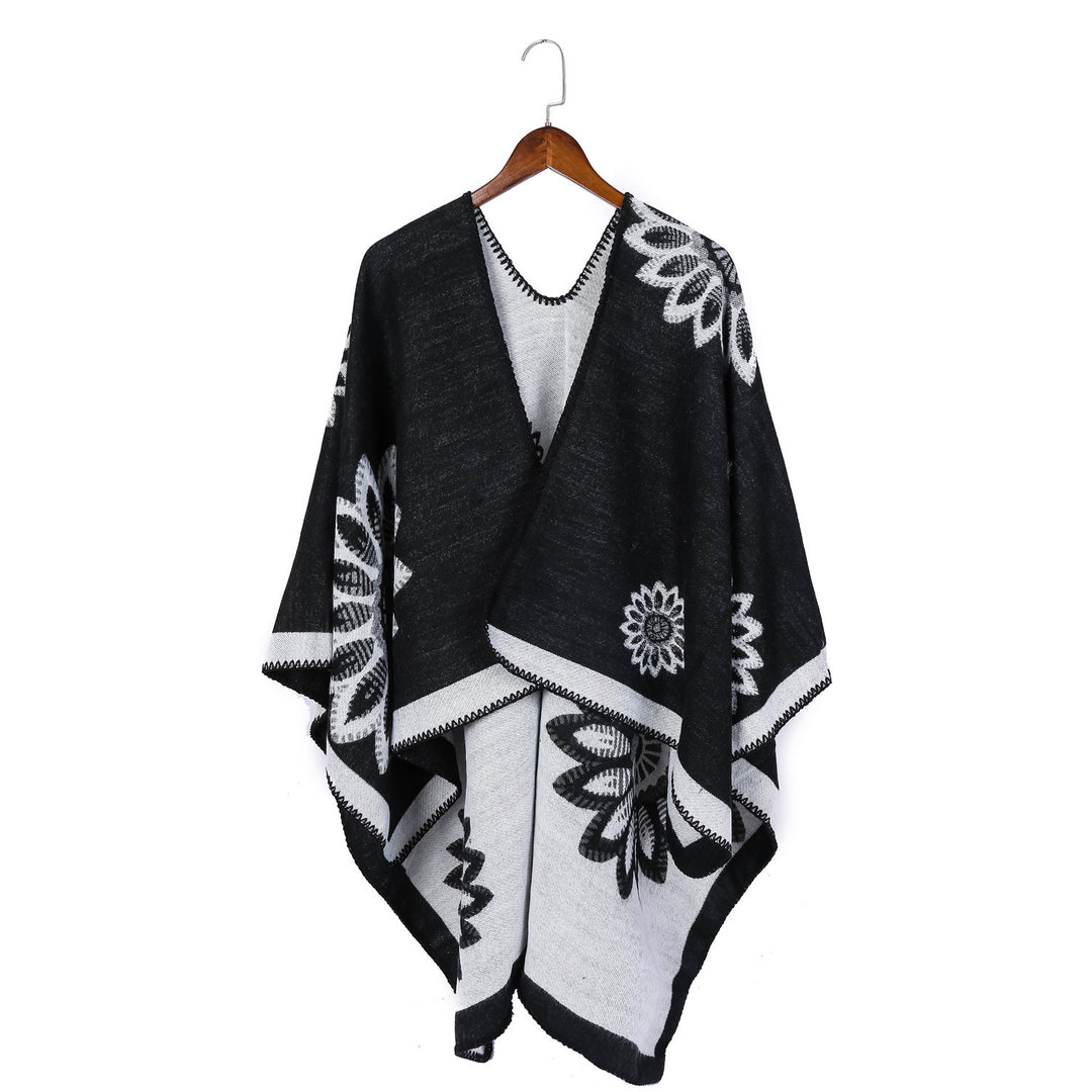 Damen Wollmix‑Ruana mit floraler Intarsienjacquard und offener Kimono‑Silhouette Shop Nory