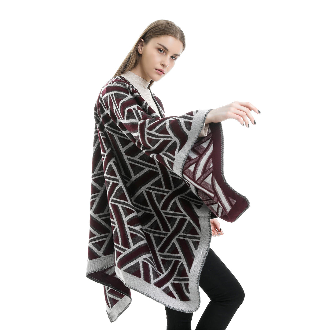 Damen Oversize-Ruana mit geometrischem Jacquard und Ziernaht Shop Nory