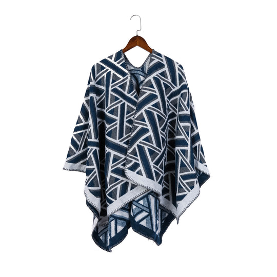Damen Oversize-Ruana mit geometrischem Jacquard und Ziernaht Shop Nory