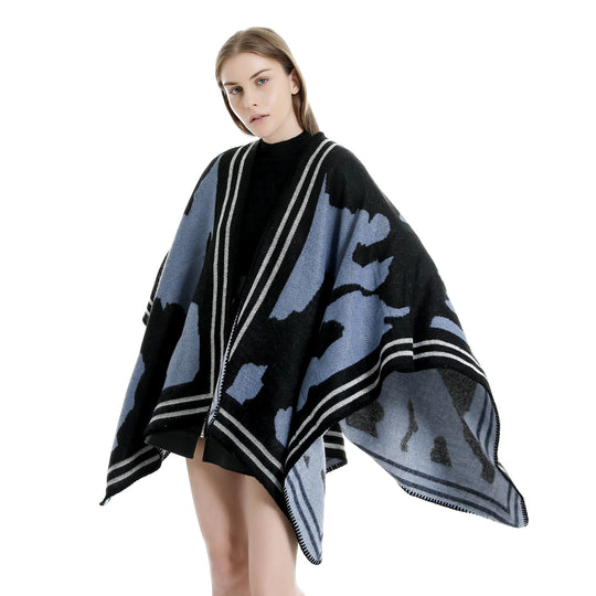 Damen Oversize-Feinstrick-Ruana mit abstraktem Jacquard und kontrastierter Kantenbordüre Shop Nory