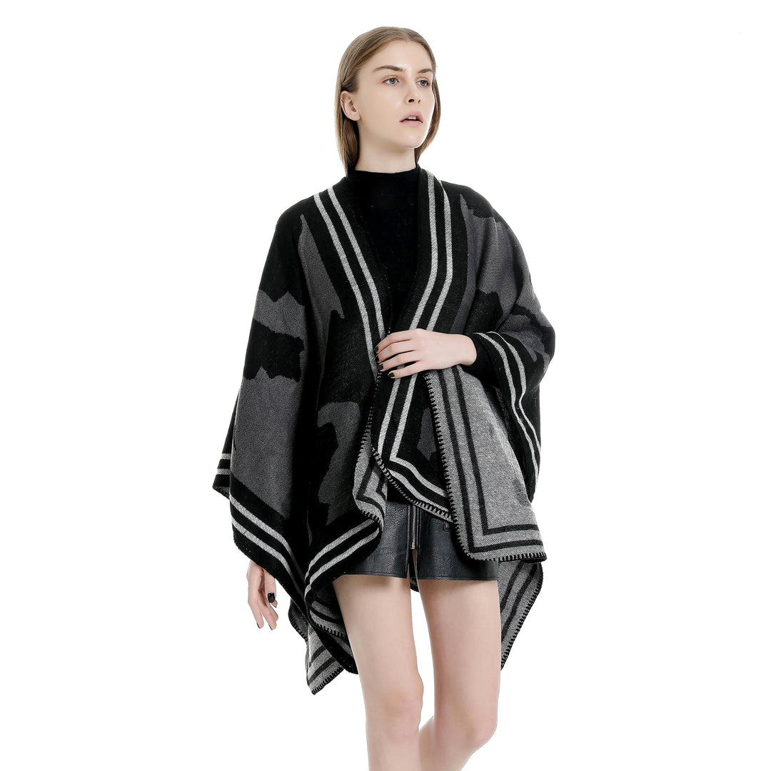 Damen Oversize-Feinstrick-Ruana mit abstraktem Jacquard und kontrastierter Kantenbordüre Shop Nory