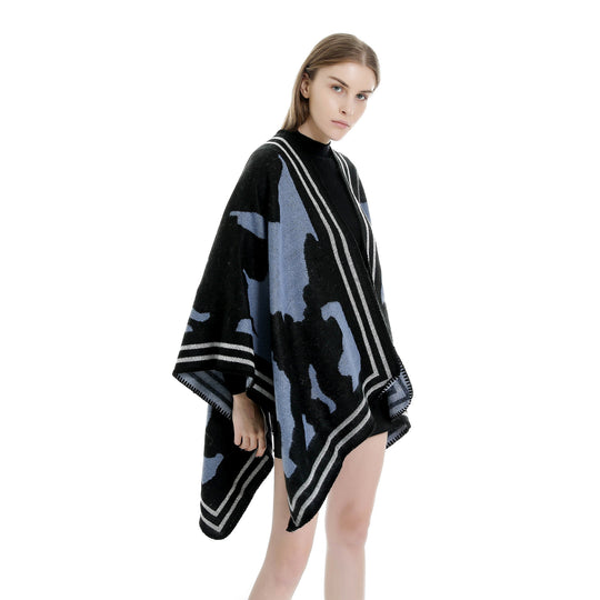 Damen Oversize-Feinstrick-Ruana mit abstraktem Jacquard und kontrastierter Kantenbordüre Shop Nory