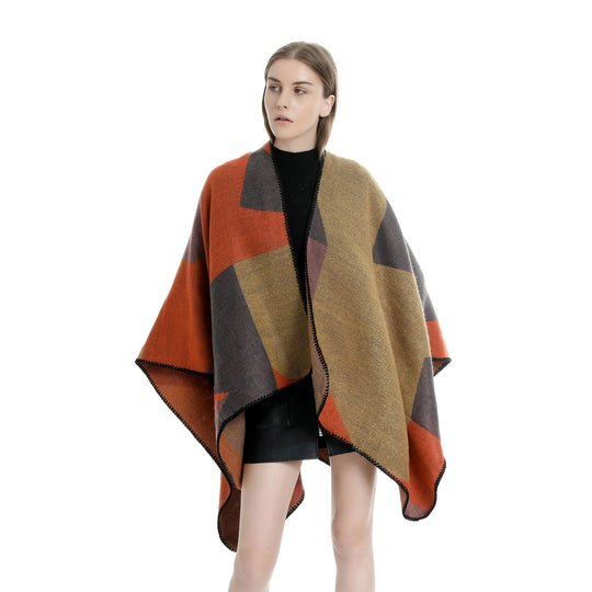 Damen Geometrischer Ruana-Überwurf aus Wollmix mit feiner Häkelkante Shop Nory