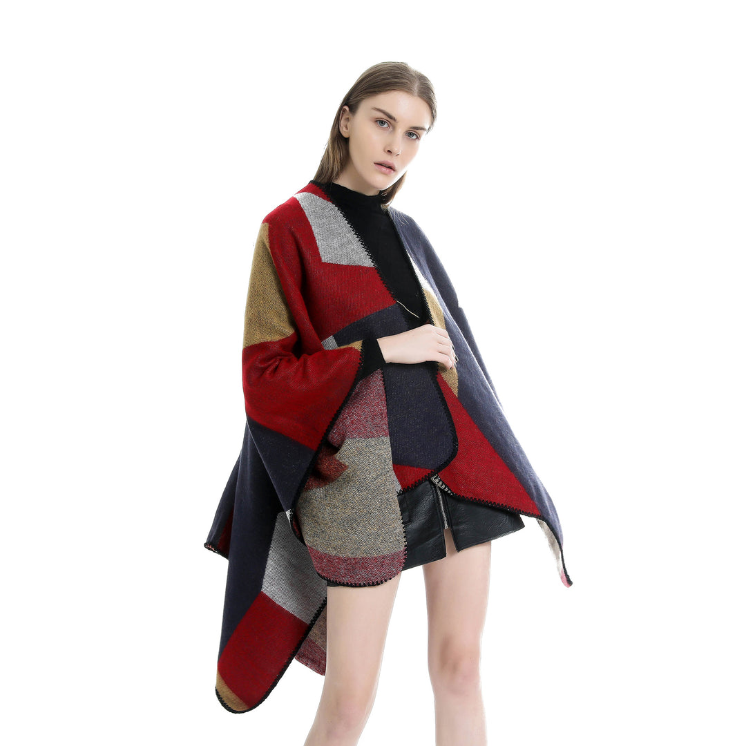Damen Geometrischer Ruana-Überwurf aus Wollmix mit feiner Häkelkante Shop Nory