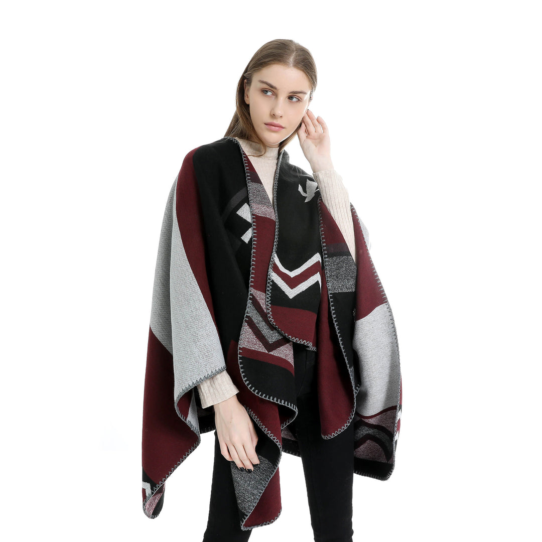 Damen Geometrischer Jacquard‑Ruana‑Überwurf mit V‑Ausschnitt und Zierstichkante Shop Nory