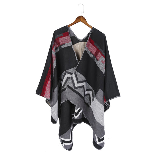 Damen Geometrischer Jacquard‑Ruana‑Überwurf mit V‑Ausschnitt und Zierstichkante Shop Nory