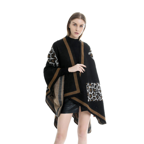 Damen Wolloptik-Kimono-Ruana mit Leopardenjacquard und kontrastierter Bordüre Shop Nory
