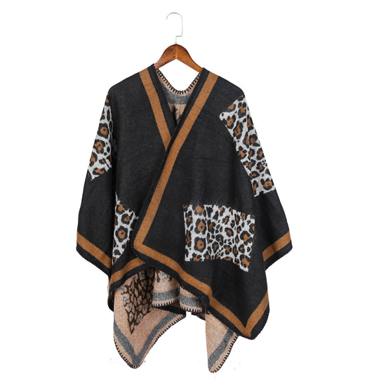 Damen Wolloptik-Kimono-Ruana mit Leopardenjacquard und kontrastierter Bordüre Shop Nory