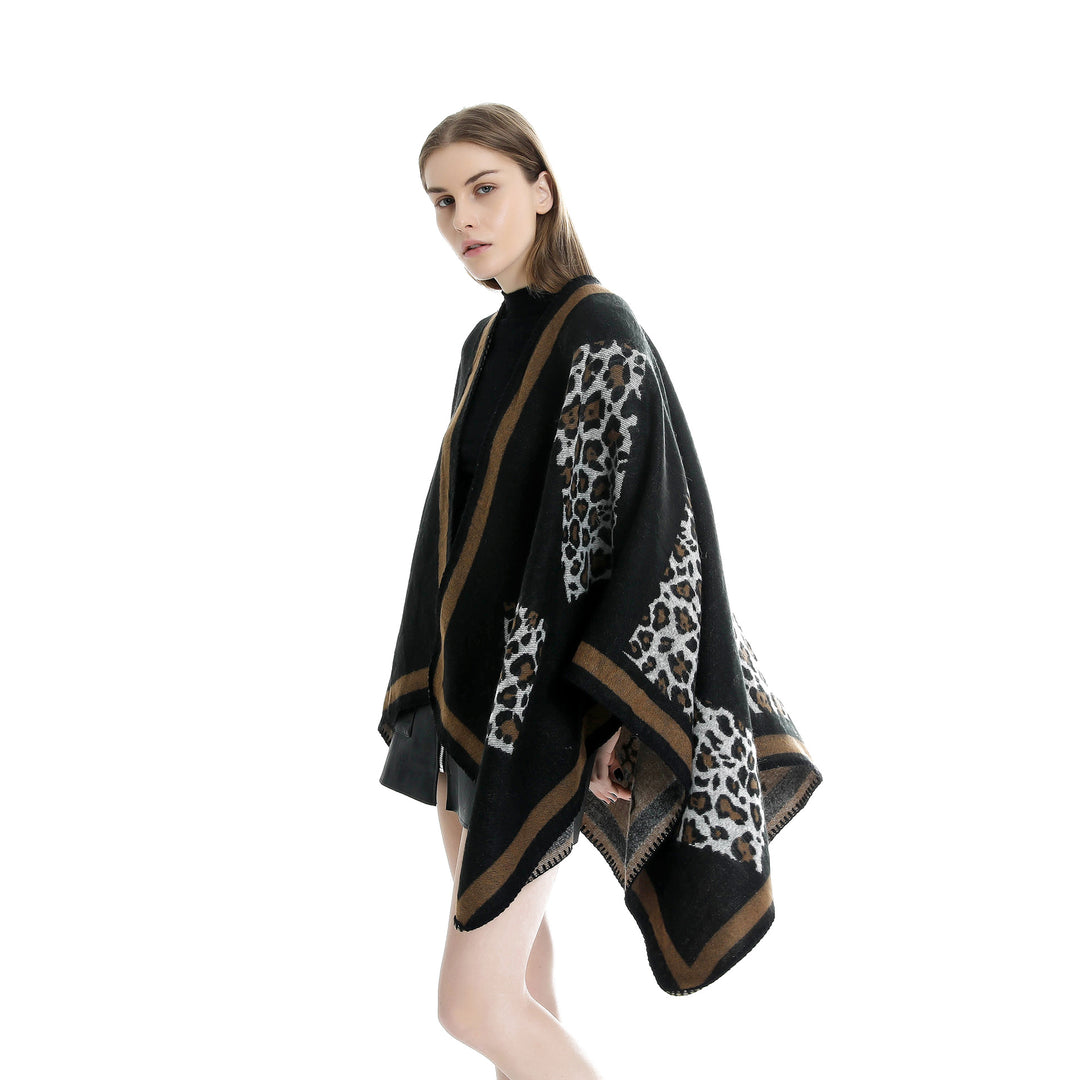Damen Wolloptik-Kimono-Ruana mit Leopardenjacquard und kontrastierter Bordüre Shop Nory