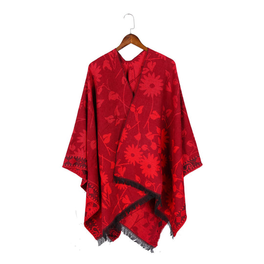 Damen Jacquard‑Ruana‑Poncho mit floralem Jacquard, Fransensaum und weichem Wollmix Shop Nory