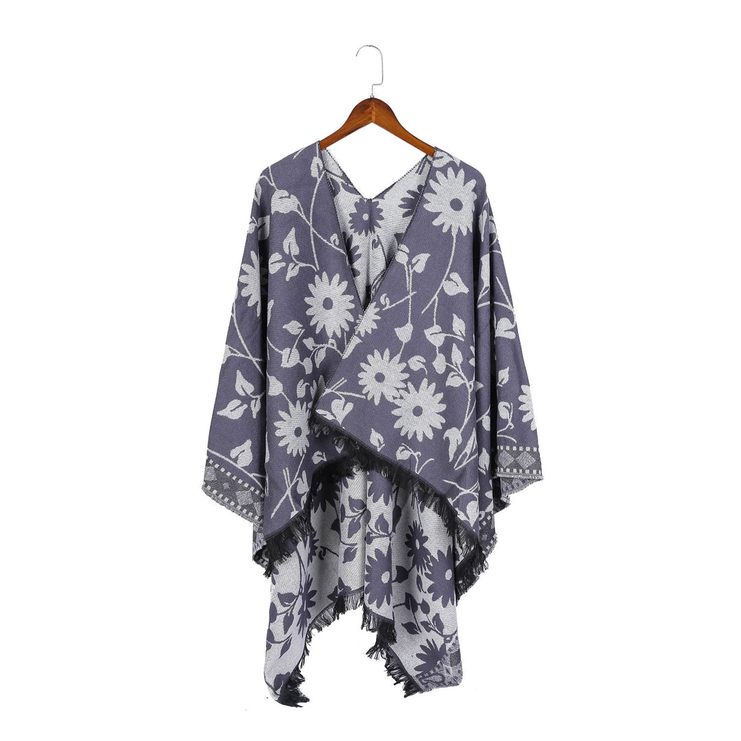 Damen Jacquard‑Ruana‑Poncho mit floralem Jacquard, Fransensaum und weichem Wollmix Shop Nory