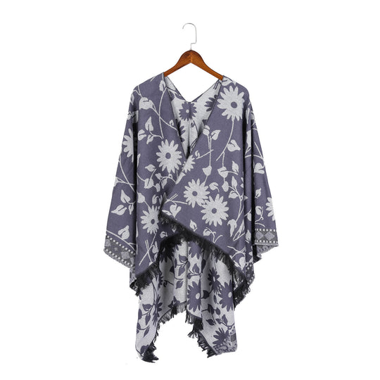 Damen Jacquard‑Ruana‑Poncho mit floralem Jacquard, Fransensaum und weichem Wollmix Shop Nory