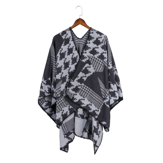 Damen Cape‑Poncho im Ruana‑Schnitt mit dekorativer Kettelkante und zweifarbiger Jacquardstruktur Shop Nory