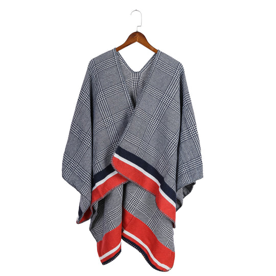 Damen Oversize-Ruana aus Wollmix mit Karojacquard und farbigem Streifenrand Shop Nory