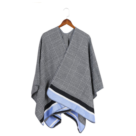 Damen Oversize-Ruana aus Wollmix mit Karojacquard und farbigem Streifenrand Shop Nory