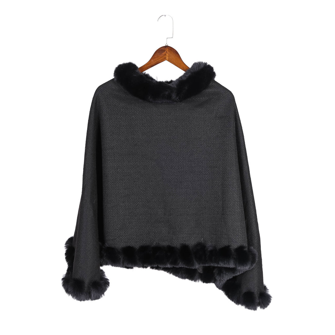 Damen Fein gestrickter Ruana-Poncho mit Kunstfellbesatz und asymmetrischem Saum Shop Nory