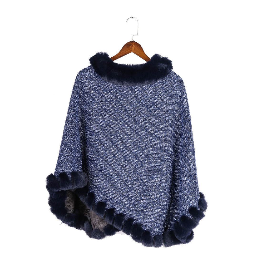 Damen Fein gestrickter Ruana-Poncho mit Kunstfellbesatz und asymmetrischem Saum Shop Nory