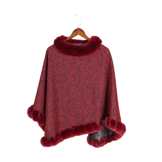 Damen Fein gestrickter Ruana-Poncho mit Kunstfellbesatz und asymmetrischem Saum Shop Nory