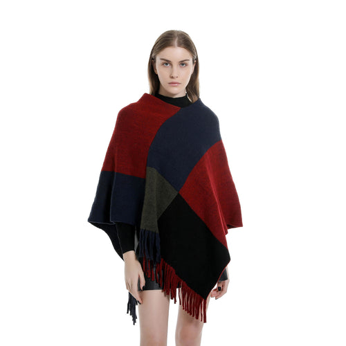Damen Oversize-Ruana-Poncho mit farbigen Blockelementen und Fransensaum Shop Nory