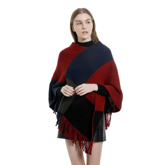 Damen Oversize-Ruana-Poncho mit farbigen Blockelementen und Fransensaum Shop Nory