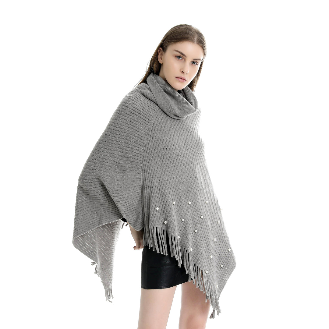 Damen Feinstrick-Poncho mit Rollkragen, Perlenapplikation und Fransensaum Shop Nory