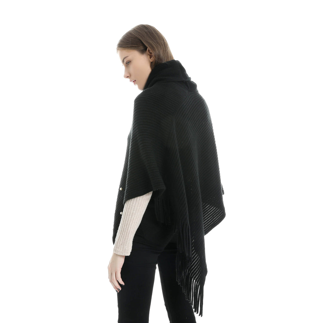 Damen Feinstrick-Poncho mit Rollkragen, Perlenapplikation und Fransensaum Shop Nory