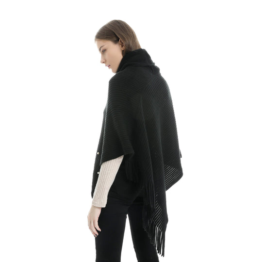 Damen Feinstrick-Poncho mit Rollkragen, Perlenapplikation und Fransensaum Shop Nory