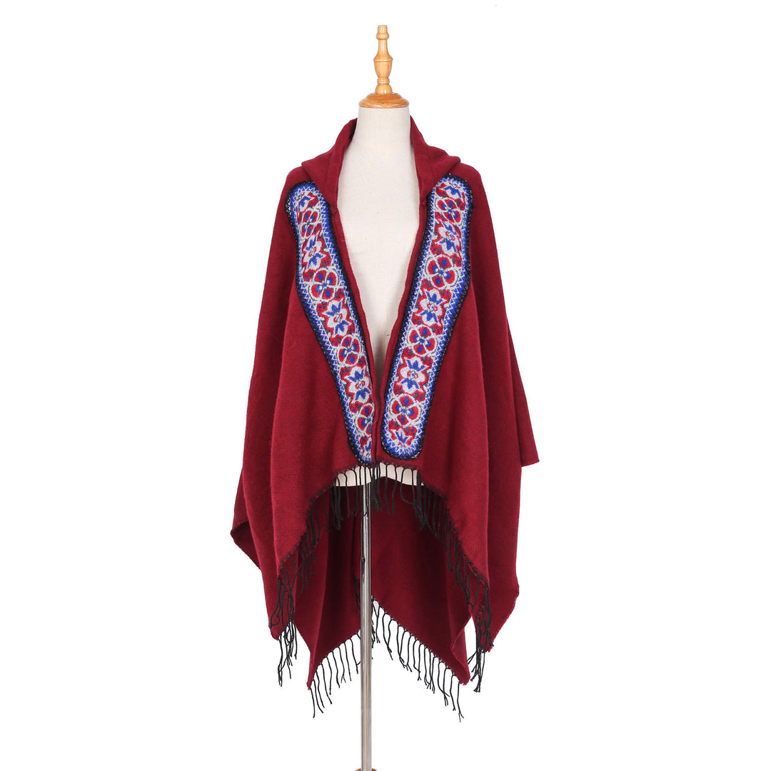 Damen Kapuzen‑Ruana mit bestickter Bordüre und Fransensaum Shop Nory