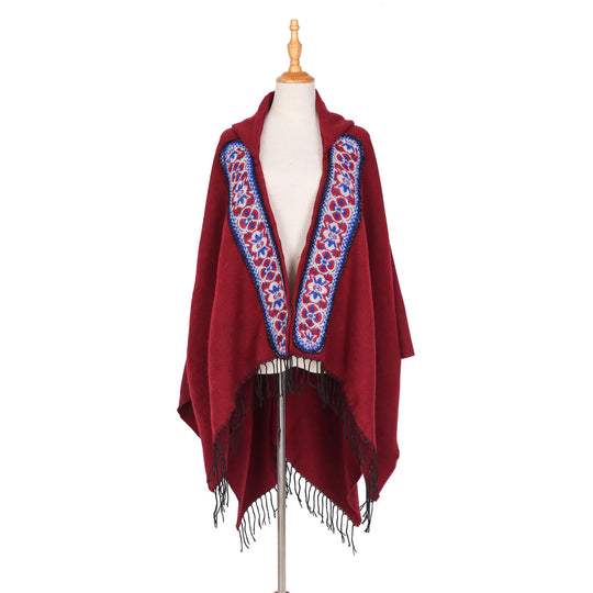Damen Kapuzen‑Ruana mit bestickter Bordüre und Fransensaum Shop Nory