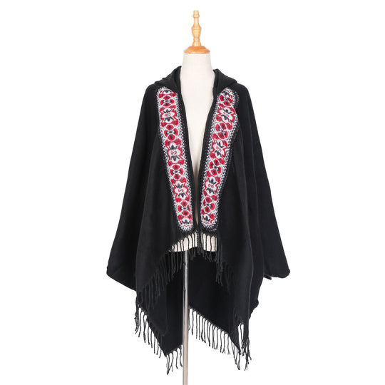 Damen Kapuzen‑Ruana mit bestickter Bordüre und Fransensaum Shop Nory