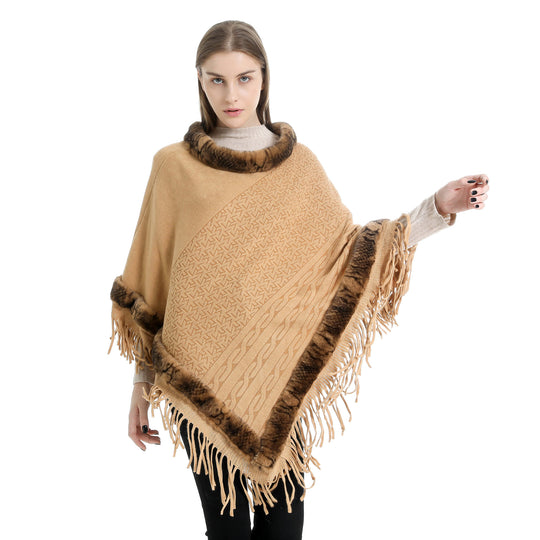 Damen Eleganter Wollmix‑Poncho mit Kunstfellbesatz und Fransensaum Shop Nory